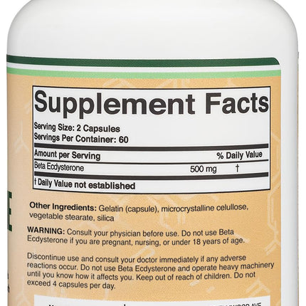 Double Wood Beta Ecdysterone Supplement - 500mg per Serving, 60 Servings, Non-GMO & Gluten Free