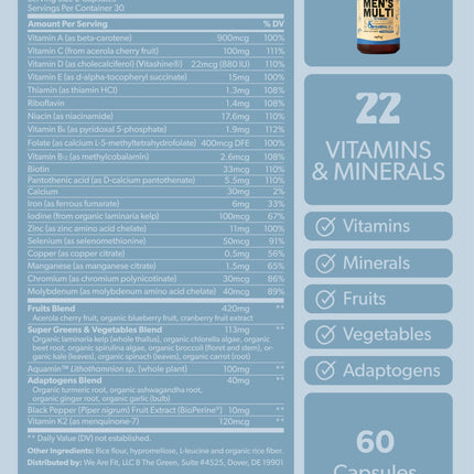Multivitamin for Men | Daily Methylated B Complex, Whole Food Ingredients | Vegan & Non-GMO | 60 Caps