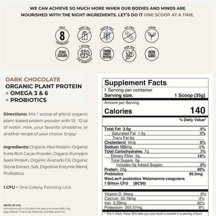 plenti Organic Plant-Based Protein Powder – Dark Chocolate, 27 Servings (2 lb) with 20g Pea Protein + Probiotics