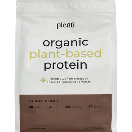 plenti Organic Plant-Based Protein Powder – Dark Chocolate, 27 Servings (2 lb) with 20g Pea Protein + Probiotics