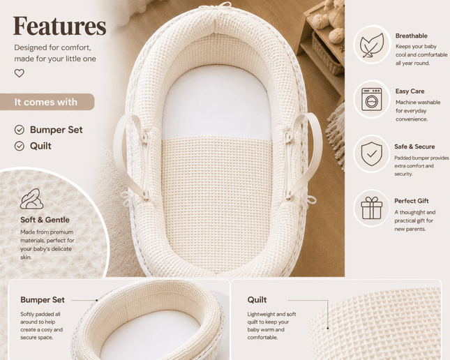 Pod Pink Waffle Moses Basket Bedding Set (Basket Not Included!)