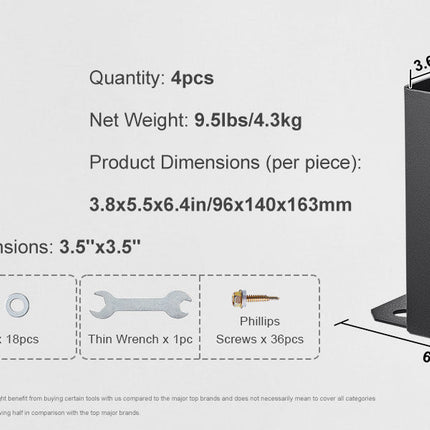 VEVOR 4x4/ 6x6 Post Base 2/ 4 Pcs Powder-Coated Post Anchor Matte Black Wood Post Brackets for Pavilion Deck Railing