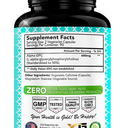Alpha GPC Choline Supplement 600mg | 180 Veggie Capsules | High-Purity, Bioavailable Nootropic | X Gold Health