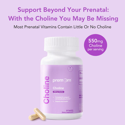 Premom Prenatal Choline Bitartrate 550mg – 60 Capsules | Prenatal Brain Support
