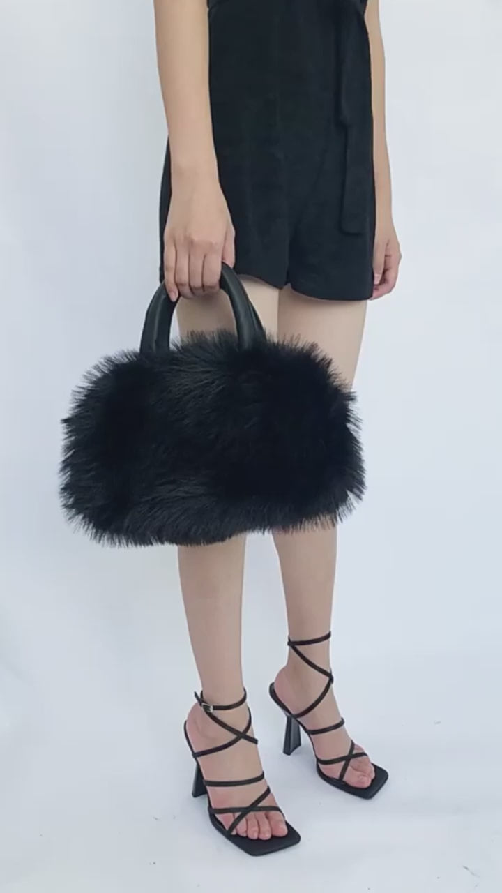 Fashion Lady PU Leather Faux Fur Handbag Shoulder Bag(Black)