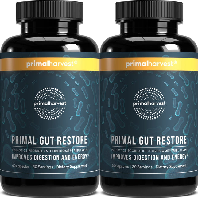 Primal Harvest 2 Pack Primal Gut Restore for Digestive Health | Prebiotics Probiotics Postbiotics (60 CT)