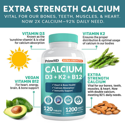 PrimeMD 4-in-1 Calcium 1200 mg with Vitamin D3 & K2 – Vegan Supplement (120 Count)
