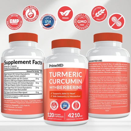 PrimeMD 5-in-1 Organic Turmeric Curcumin with Berberine & Bioperine – 120 ct (Pack of 3)