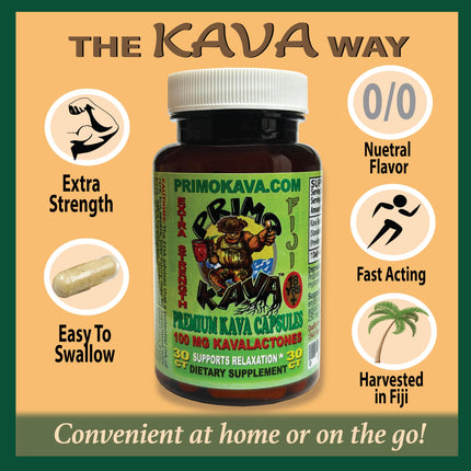 PRIMO KAVA Kava Capsules – Authentic Fiji Kava | 100mg Kavalactones | 30 Count