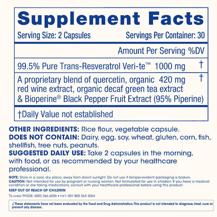 ProHealth Resveratrol 1000mg | Pure Trans-Resveratrol | Plus Quercetin, Red Wine & Green Tea Extract | Clinically Studied to Support Cellular Health, Memory, Healthy Aging | 60 Capsules