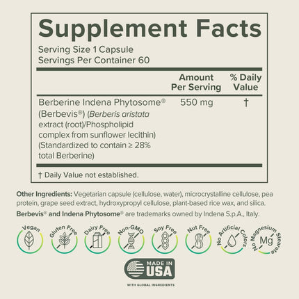 Prominent Nutrition Berberine Phytosome 550 mg – Gut Health Support, 60 Count, 1 Pack