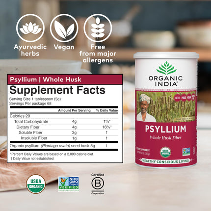 Organic India Psyllium Husk Powder - Fiber Supplement for Digestion (12 oz, Pack of 1)