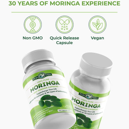 PURA VIDA MORINGA Capsules — Single Origin Organic Moringa Powder, 120 Count (500 mg) — Pack of 2
