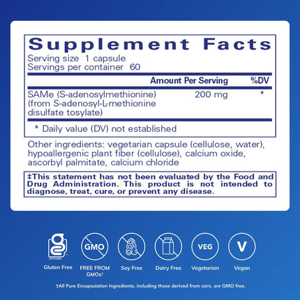 Pure Encapsulations SAMe S-Adenosylmethionine 180's - Supports Joint Health & Glutathione Production* - Gluten Free & Non-GMO - 60 Capsules