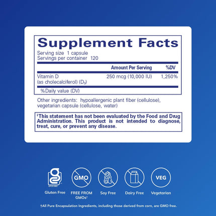 Pure Encapsulations Vitamin D3 250 mcg (10,000 IU) | Bone, Immune & Heart Support – 120 Capsules