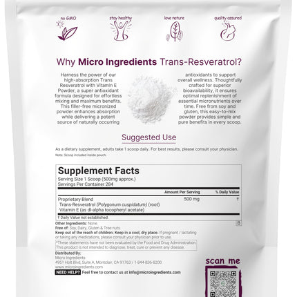 Pure Trans-Resveratrol Powder with Vitamin E – 5 oz, 2-in-1 Micronized Formula