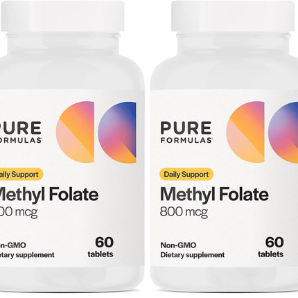 PureFormulas Methylfolate 800 mcg – 5-MTHF Active B9 for Cardiovascular, Nerve & Mood Health | Non-GMO Vegetarian Tablets, Pack of 2