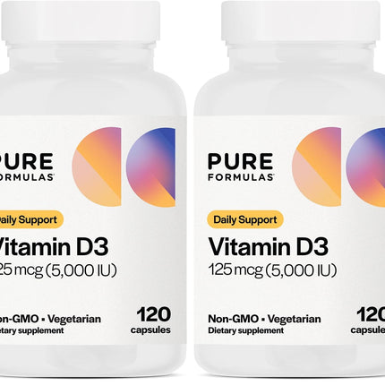 PureFormulas Vitamin D3 5000 IU (125 mcg) – 120-Count Vegetarian Capsules Pack of 2 | Non-GMO Vitamin D Supplement for Bones, Teeth & Immune Support