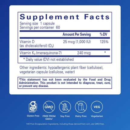 Pure Encapsulations PureHeart K2D – Vitamin K2 (MK7) & Vitamin D3 Heart Health Supplement – 60 Vegetarian Capsules