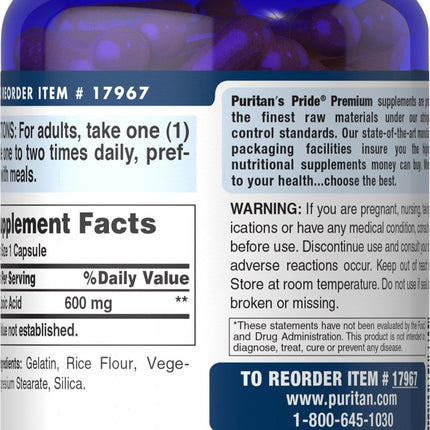Puritan's Pride Alpha Lipoic Acid 600 Mg, 120 Count - Antioxidant Support