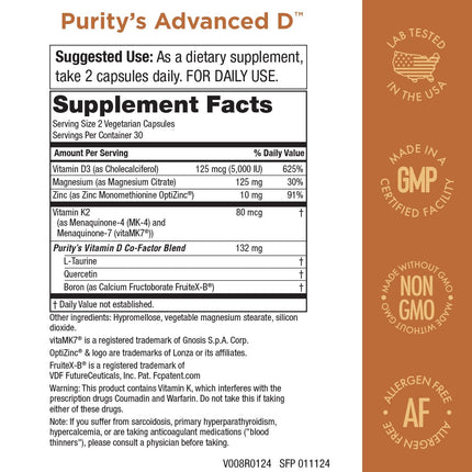 Purity Dr. Cannell's Advanced D Vitamin D3 Formula with Vitamin K2, Zinc, Magnesium Citrate, Boron & Taurine – 60 Vegetarian Capsules