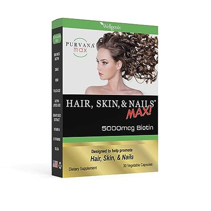 Purvana Max Hair, Skin & Nails Vitamin - 5000mcg Biotin, Vegan - Pack of 2 (30 Caps Each)