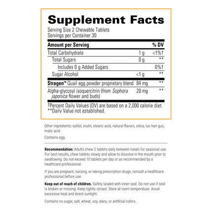AllQlear Seasonal Immune Support – Quail Egg Powder, Berry Flavor, Dairy-Free | Integrative Therapeutics | 60 Chewable Tablets (30 Servings)