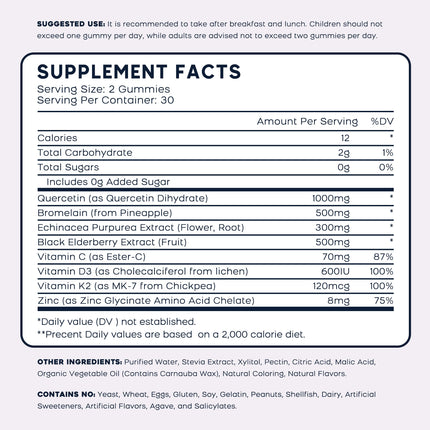 (2 Pack) Quercetin Gummies with Bromelain, Zinc, Elderberry & Vitamins C/D3/K2 – Vegan