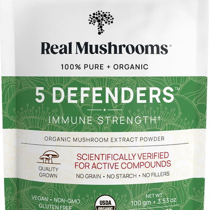 Real Mushrooms 5 Defenders Mushroom Complex Powder – Organic 5-Mushroom Blend, 100 Servings