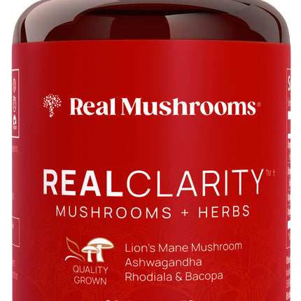 Real Mushrooms RealClarity Capsules – Lion’s Mane, KSM-66 Ashwagandha, Cordyceps & Reishi | Mental Sharpness & Adaptogenic Support | 60 Count – Vegan, Non-GMO