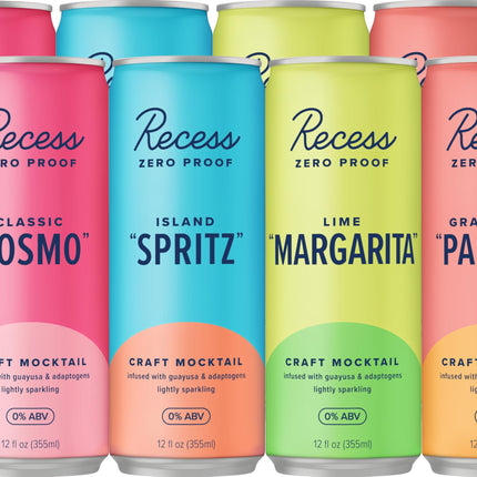 Recess Zero Proof Craft Mocktails – Alcohol-Free, Adaptogen-Infused 12oz 12-Pack Happy Hour Sampler