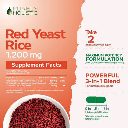 Red Yeast Rice 1200mg with CoQ10 & Niacin – 120 Vegetarian Capsules | Healthy Heart Formula