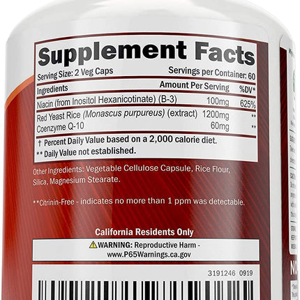 Red Yeast Rice 1200mg with CoQ10 & Niacin – 120 Vegetarian Capsules | Healthy Heart Formula