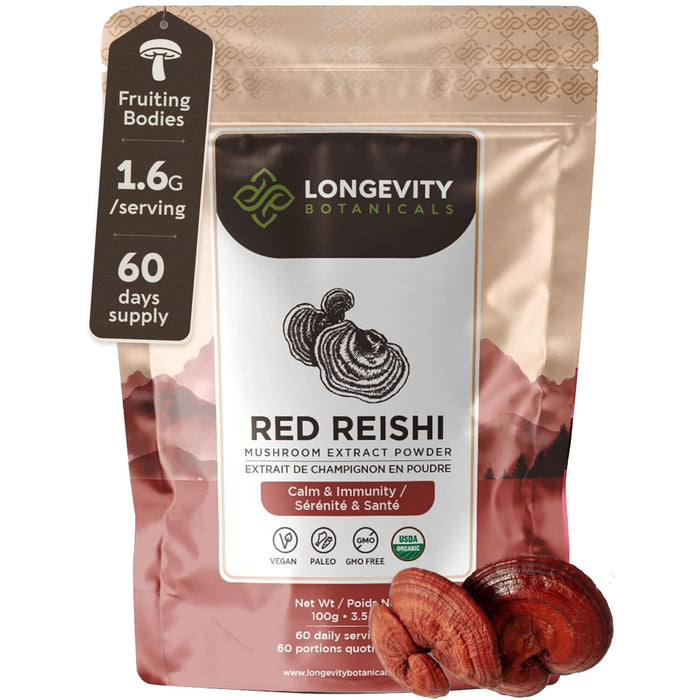 Longevity Botanicals Organic Reishi Extract Powder 100g | 10:1 Concentrate | 100% Fruiting Bodies