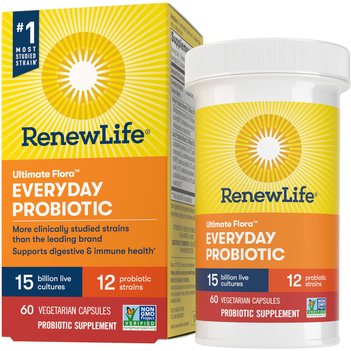 Renew Life Everyday Probiotic Capsules – 15 Billion CFU, 60 Count | Digestive, Immune & Urinary Support