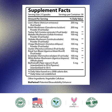 Research Verified Mushroom Complex – Immunity, Antioxidants & Cognition – 60 Vegan Capsules