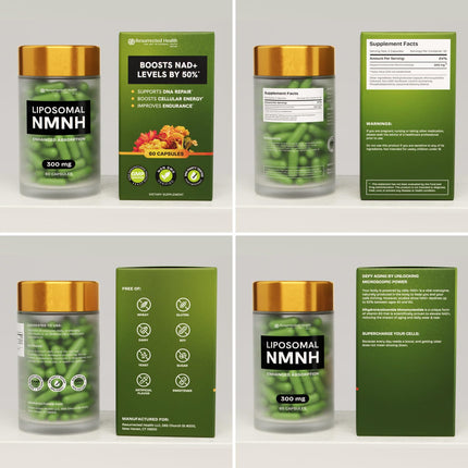 Resurrected Health Liposomal NMNH (300mg) – NAD+ Booster for Energy, Focus - 60 Capsules (4 Packs)