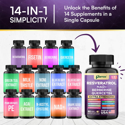Resveratrol 14-in-1 Extra Strength Supplement (120 Caps) – NAD+, NAC, Milk Thistle & More