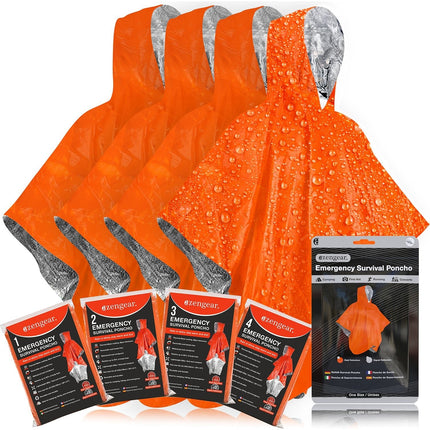 Emergency Survival Poncho (4pc) Thermal Mylar Foil Coating Blanket for Heat Retention and Rain | Reversible with Hood | Waterproof, Windproof, Portable, Hands-free, Outdoor Kit