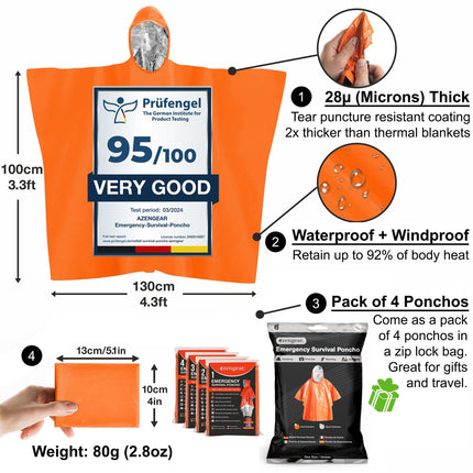 Emergency Survival Poncho (4pc) Thermal Mylar Foil Coating Blanket for Heat Retention and Rain | Reversible with Hood | Waterproof, Windproof, Portable, Hands-free, Outdoor Kit