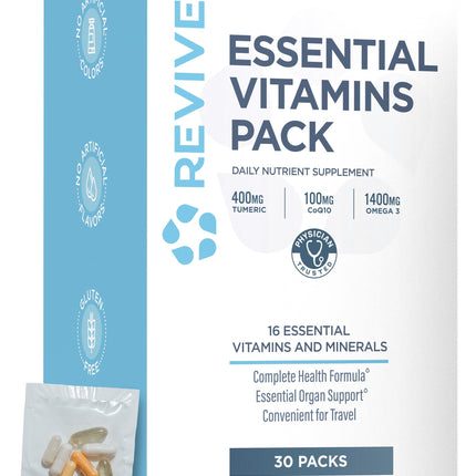 Revive MD Essential Vitamin Packs for Men & Women – Daily Multivitamin Packets with Arjuna & Turmeric Extract (30 Servings) – Travel-Friendly