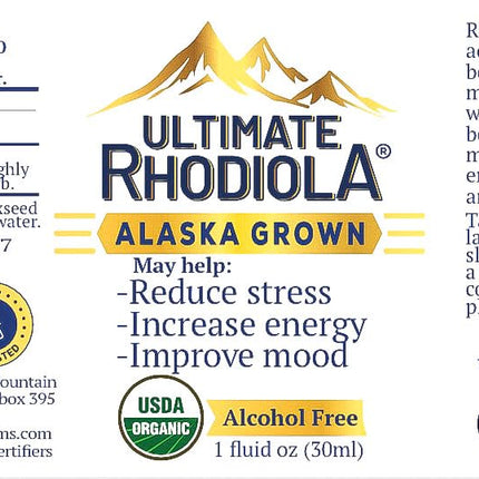 Ultimate Rhodiola® Alaska Grown, Alcohol Free, Certified Organic Rhodiola rosea Tincture, CO2 extracted, Reduce Stress, Improve Energy and Mood, Adaptogen, Nootropic, 3rd Party Tested
