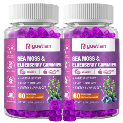 Riyuetian Sea Moss & Elderberry Gummies – Blueberry, 120 Count (Pack of 2) – Vegan