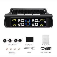 Solar Powered Wireless Tyre Pressure Monitoring System (TPMS) with 4 External Sensors – Real-Time LCD Display, USB Dual Charging, High/Low Pressure & Temperature Alerts for Cars, SUVs, Vans