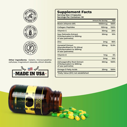 Rooted Strength Hair Growth Vitamins - DHT Blocker, Biotin & Collagen | 60 Capsules