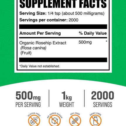 BulkSupplements Organic Rosehip Extract Powder – Gluten Free Rosehip Powder, 500mg/Serving, 1kg