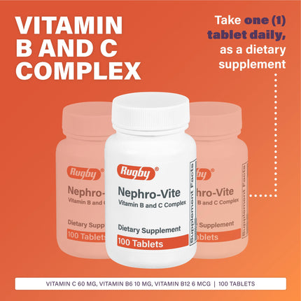 Rugby Nephro-Vite Vitamin B and C Complex Tablets – Dietary Supplement (100 Count) 3 Pack