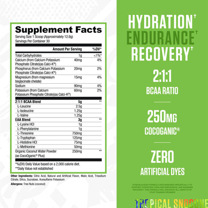 RYSE BCAA EAA Powder Tropical SnoCone – 5g BCAAs, 3g EAAs, Sugar-Free Hydration, 30 Servings