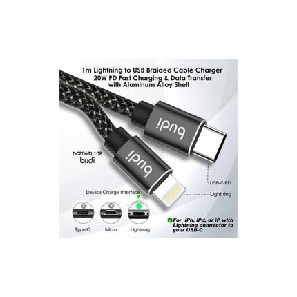 Budi 1M DC206TL10B Lightning to USB Braided Cable Charger - 20W PD Fast Charging & Data Transfer with Aluminum Alloy Covering for iPhone, iPadwith Lightning connector to USB-C