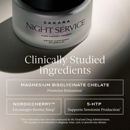 SAKARA Night Service Sleep Support – Magnesium Glycinate, NordicCherry™, 5-HTP | 60 Capsules